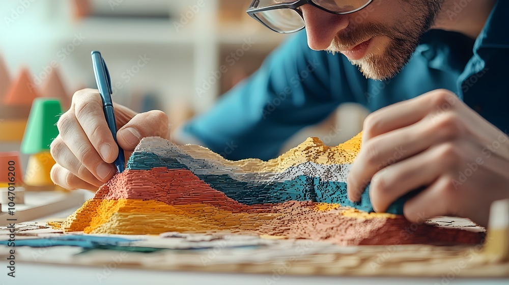 Poster Geotechnical Engineer Inspecting Diverse Soil Formations and Textures in a Cut Out Terrain Model for Infrastructure Planning and Analysis