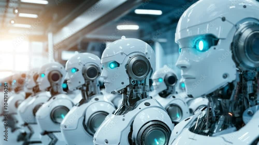 Poster futuristic assembly line of humanoid robots in advanced robotics lab. ai-powered robots standing in 