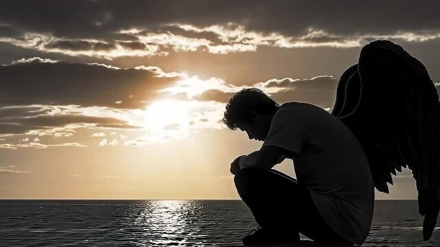 Fallen angel kneeling in sorrow by the sea during sunrise.