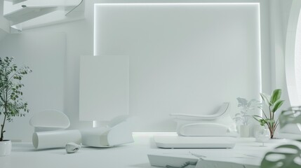 A futuristic minimalist showcase with a white canvas backdrop, Innovative furniture arrangement in a cutting-edge technology showroom, Futuristic minimalism style