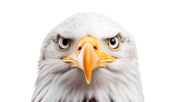 Bald eagle head, fierce expression, isolated on transparent background.