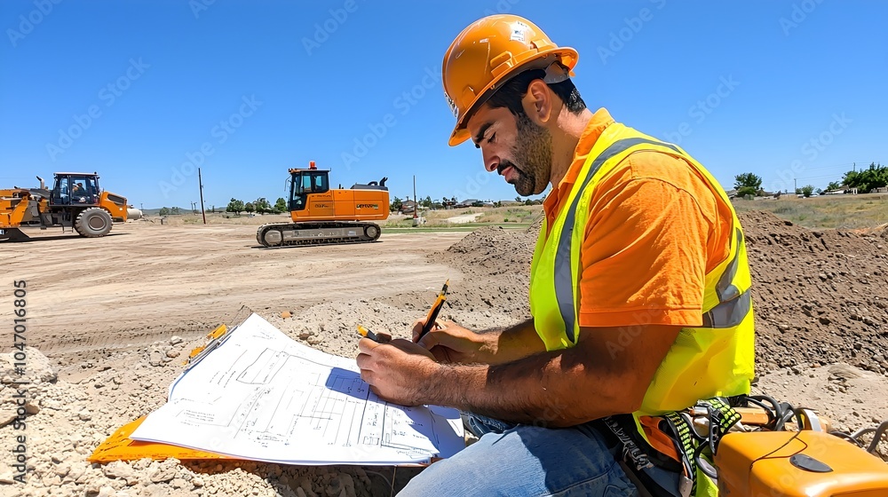 Poster Hispanic Geotechnical Engineer Conducting Detailed Site Surveys and Assessments for a New Infrastructure Development Project in the Landscape
