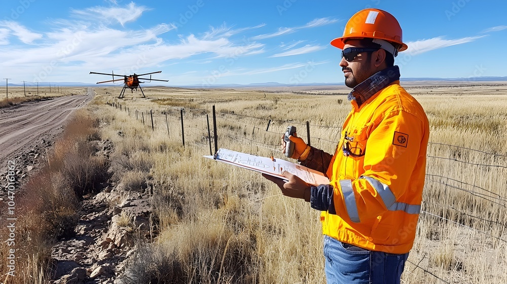 Poster Hispanic Geotechnical Engineer Conducting Site Surveys and Measurements for a New Infrastructure Development Project