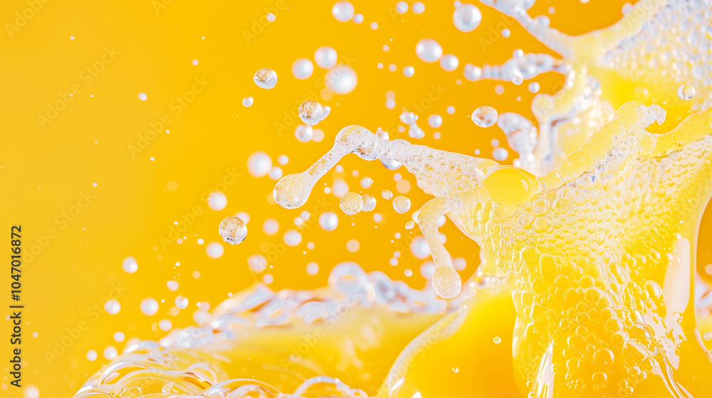 Poster orange juice splash with refreshing droplets creating a vibrant background in a bright yellow scene