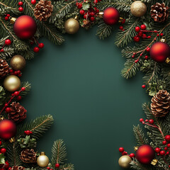christmas wreath with red ribbon and branches, Generative AI	
