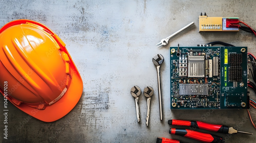 Poster Industrial Control Engineer s Hard Hat and a Set of Key Tools Placed Next to a Programmable Logic Controller PLC System in a Manufacturing Facility