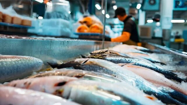 Fresh fish displayed on counter at bustling seafood market with workers on the background.