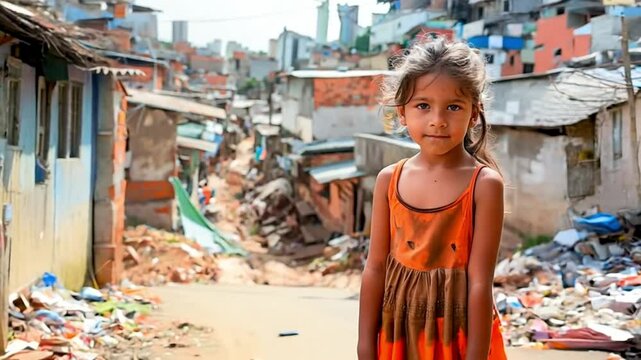 Young brazilian girl in favela highlighting poverty and urban struggle. Portrait of a brazilian child living in poverty in the favelas of Brazil.
