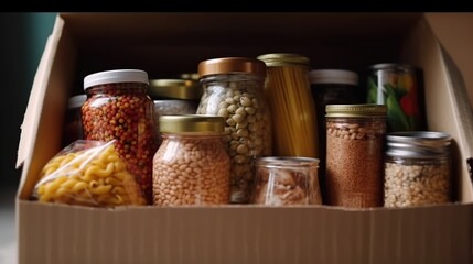 A cardboard box filled with various dried food items including pasta, beans, lentils, and spices.