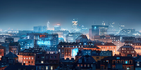 Fototapeta premium A striking photograph of a European city skyline at night, with buildings illuminated in warm white lights and accented by blue neon signs.