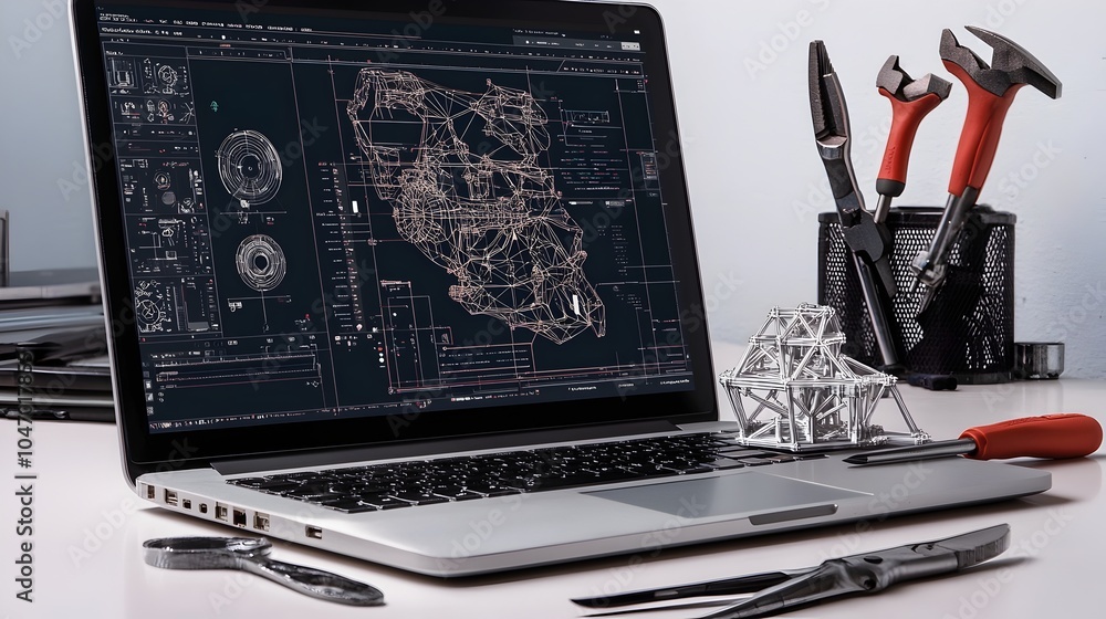 Poster laptop displaying computer aided design cad software with a 3d printed model and various tools on a 