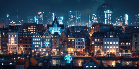 Fototapeta premium A striking photograph of a European city skyline at night, with buildings illuminated in warm white lights and accented by blue neon signs.