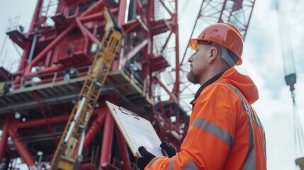 With a clipboard in hand the construction worker carefully checks the oil levels and overall condition of a towering crane.