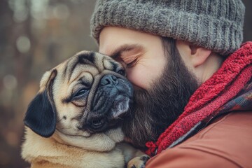 Dog Kiss. Funny Portrait of Man and Pug Dog Sharing a Kiss in Heartwarming Friendship Moment