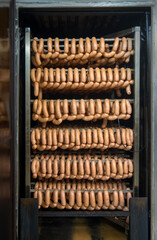 industrial smoking chamber and rack with sausages