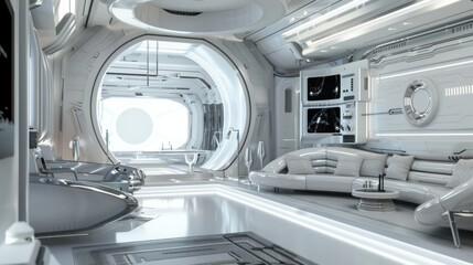 A futuristic sci-fi spaceship-inspired living space design with a white canvas backdrop, Featuring sleek metallic accents and high-tech furnishings, Sci-fi spaceship chic style