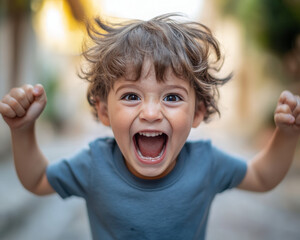 Portrait of a happy, excited little boy with an open mouth and raised hands, screaming in joy outdoors. The happy child is having fun on the street, looking at the camera. Blurred background.