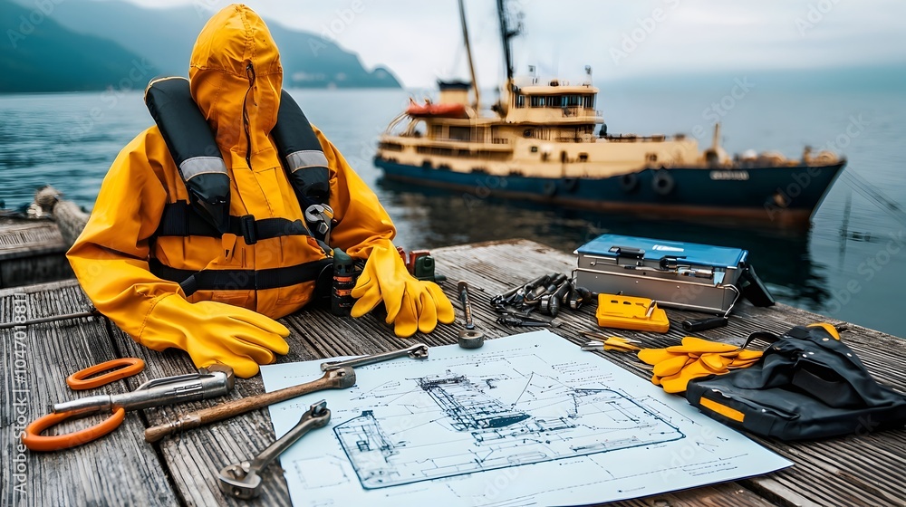 Aufkleber marine engineer s essential tools and protective suit resting on a dock alongside a detailed ship di