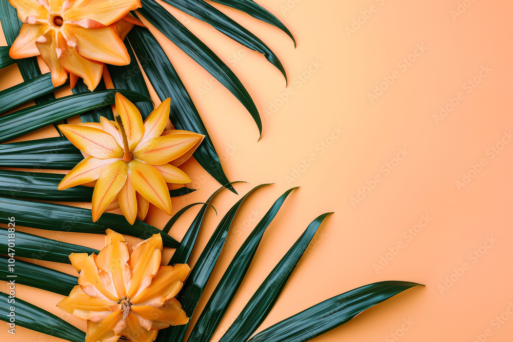 Poster close up of three orange flowers with green leaves. the flowers are arranged in a way that they are 