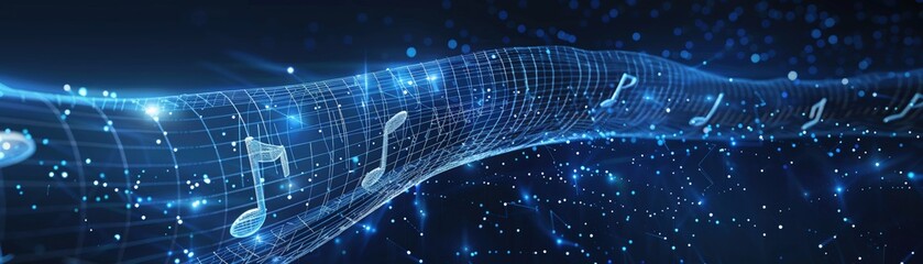 closeupA powerful wireframe mesh rendering of a musical performance breaking through a brick wall, symbolizing the transformative power of music  ,AI Music Technology