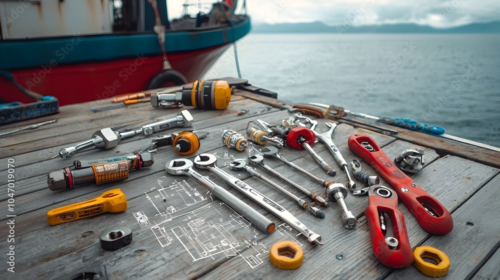 Poster marine engineer s toolset with torque wrenches schematics and diagrams laid out on dock or shipyard 