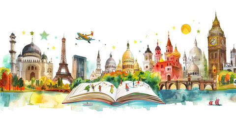 Obraz premium A whimsical children's book about a young explorer traveling through different European countries, using vibrant watercolor illustrations to depict the landmarks and culture.