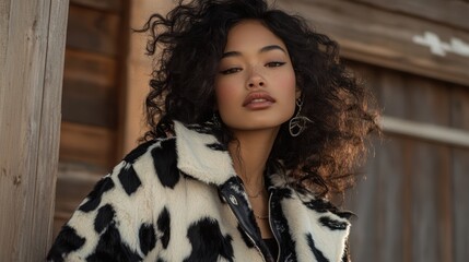 Fototapeta premium Autumn fashion spread with model showcasing trendy outerwear