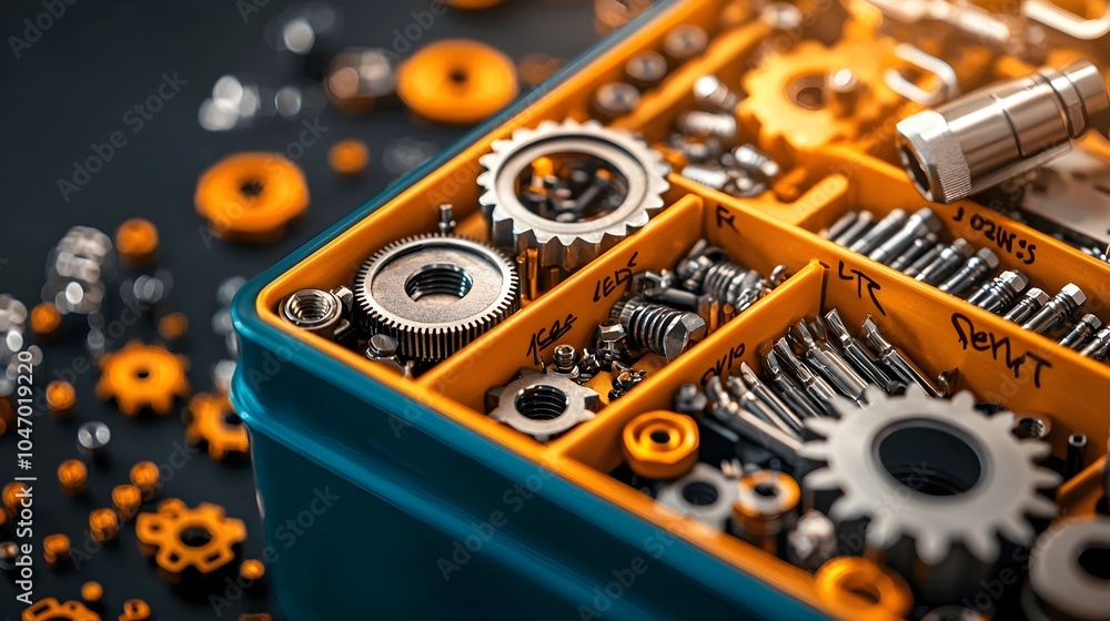 Poster meticulously organized mechanical engineer s toolbox with labeled compartments containing an array o