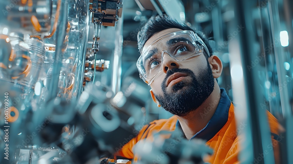 Poster mechanical engineer monitoring and inspecting production processes and equipment at a manufacturing 