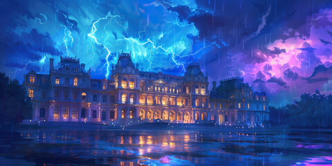 A dramatic oil painting of a European palace during a stormy night, with lightning casting blue and purple hues across its grand facade.