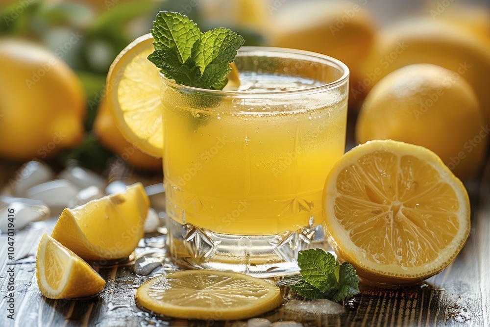 Poster A glass of freshly squeezed lemon juice with lemon slices and mint leaves on the side.