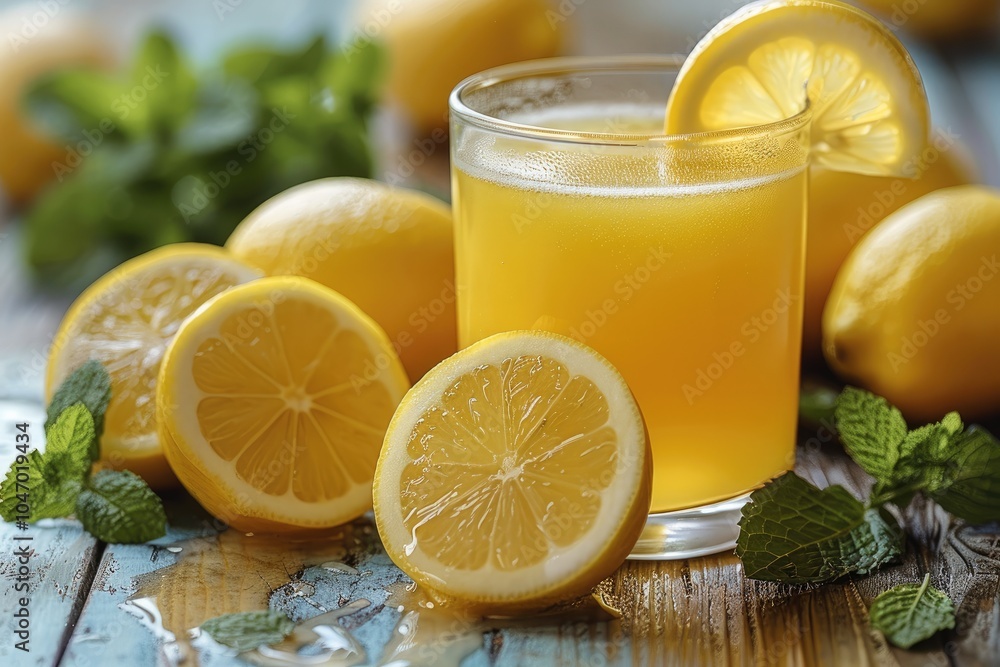 Poster A glass of freshly squeezed lemon juice with lemon slices and mint leaves on the side.