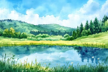 Obraz premium Watercolor Landscape of Lush Green Field by the Lake under Blue Sky