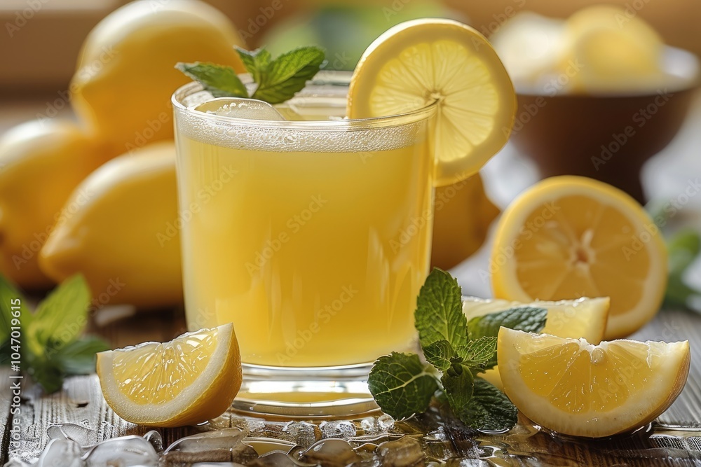 Poster A glass of freshly squeezed lemon juice with lemon slices and mint leaves on the side.