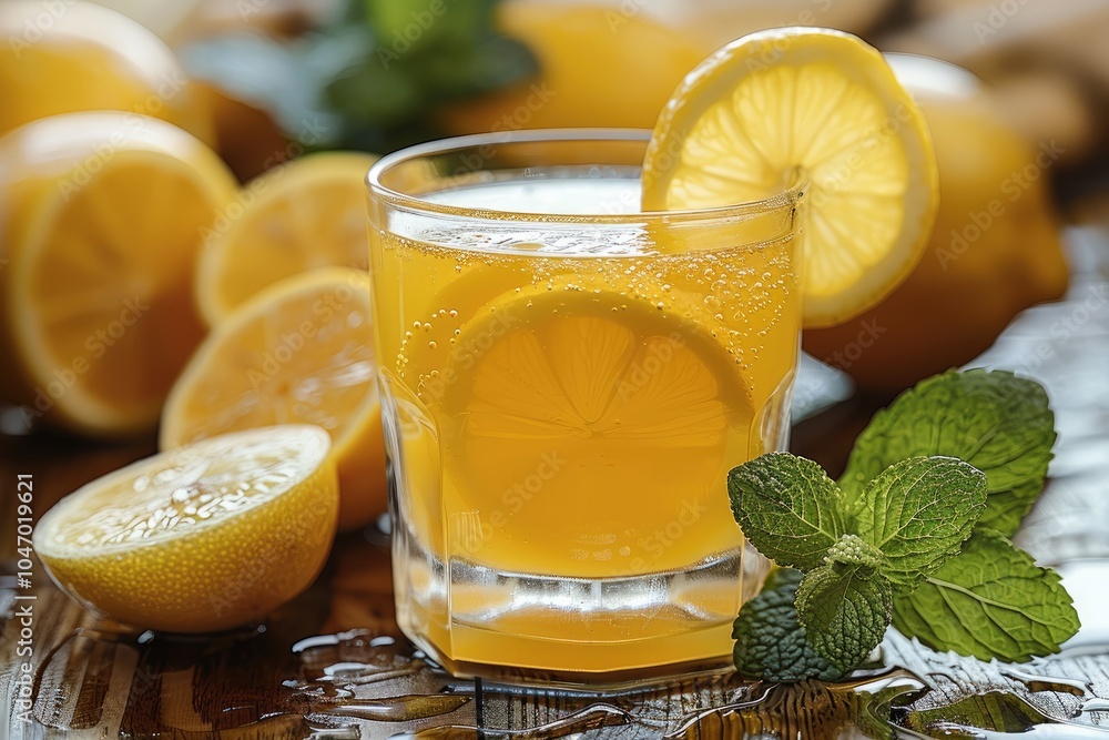 Poster A glass of freshly squeezed lemon juice with lemon slices and mint leaves on the side.