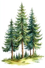 Obraz premium Watercolor Pine Tree Art on White Background with Silhouettes of Forest Landscape