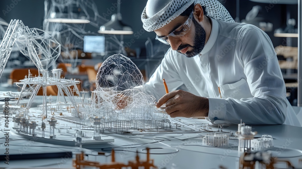 Aufkleber Middle Eastern Structural Engineer Reviewing and Evaluating Sophisticated Building Models and Designs for a Major Construction Project