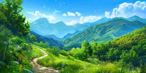 Obraz premium A peaceful landscape painting of a European mountain range, with a small hiking trail winding through the lush greenery and the blue sky above.