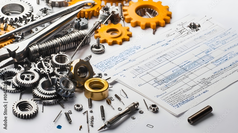 Aufkleber Neatly arranged assortment of gears screws and precision tools alongside an engineering report showcasing the intricate components of industrial machinery and mechanical design