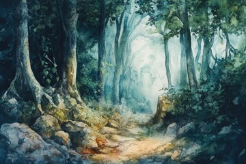 Wild Forest Watercolor. Hand-drawn Nature Landscape with Green Trees and Waterfall