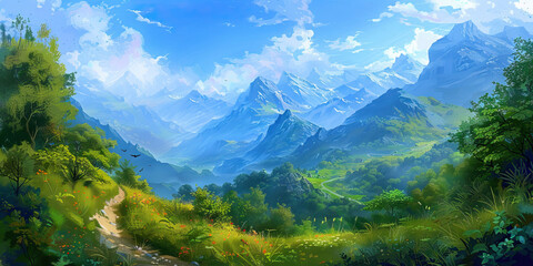 A peaceful landscape painting of a European mountain range, with a small hiking trail winding through the lush greenery and the blue sky above.