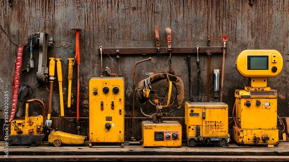 Fototapete neatly arranged railway maintenance equipment such as tools machinery and a signal receiver showcasi