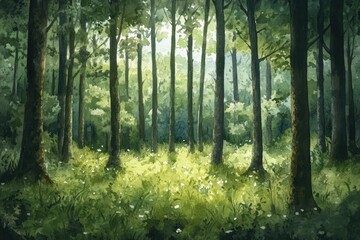Fototapeta premium Wild Woods: Hand-drawn Watercolor Illustration of Lush Green Coppice