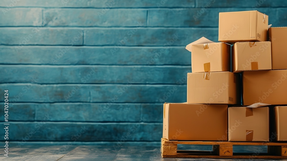 Fototapete Neatly stacked parcel boxes arranged on a wooden pallet in a warehouse setting showcasing efficient logistics and distribution management for various commercial and industrial applications
