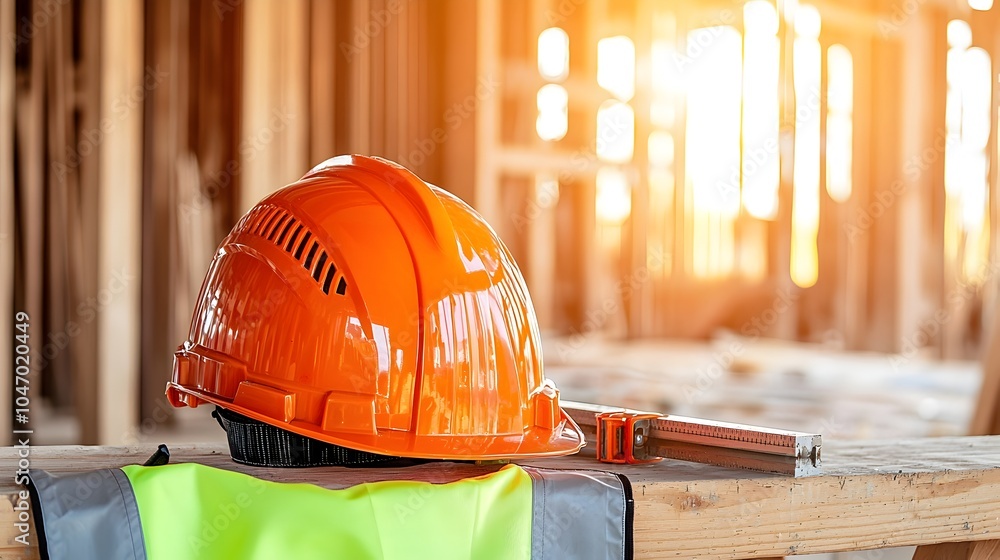 Poster neatly arranged protective helmet and reflective safety vest placed on a workbench in a construction