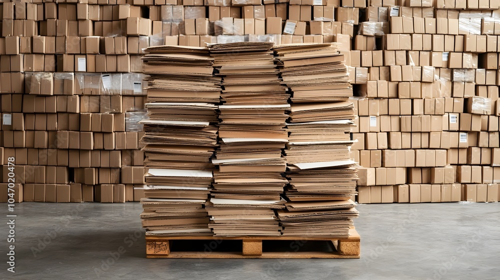 Poster neatly stacked parcel boxes packages and containers on a wooden pallet in an organized warehouse set