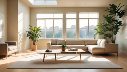 Fototapeta premium Modern room with a large sunroof, bright sunlight streaming in, sleek furniture in neutral tones, a large green indoor plant in the corner, wooden flooring, and a minimalist decor style