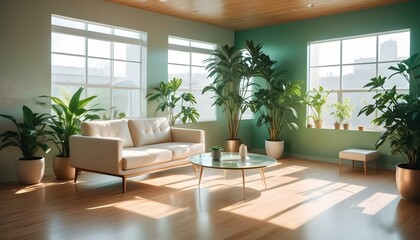Modern room with a large sunroof, bright sunlight streaming in, sleek furniture in neutral tones, a large green indoor plant in the corner, wooden flooring, and a minimalist decor style