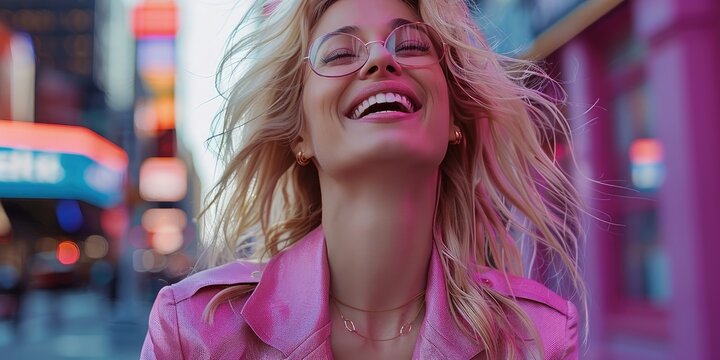 A blonde woman in designer clothing laughing in street city. pink and purple theme.