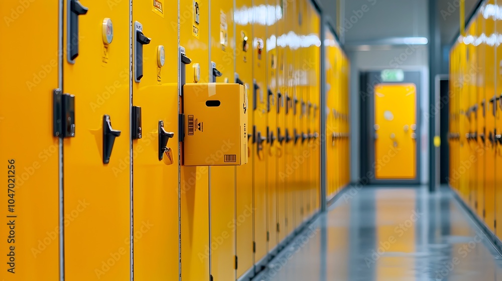 Poster Orderly rows of parcel boxes neatly arranged in a storage locker system ready for efficient pick up and delivery of goods packages and products
